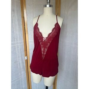 Victoria's Secret XS V Neck Romper Modal Lace Trim Dream Angels Bow Red Sexy